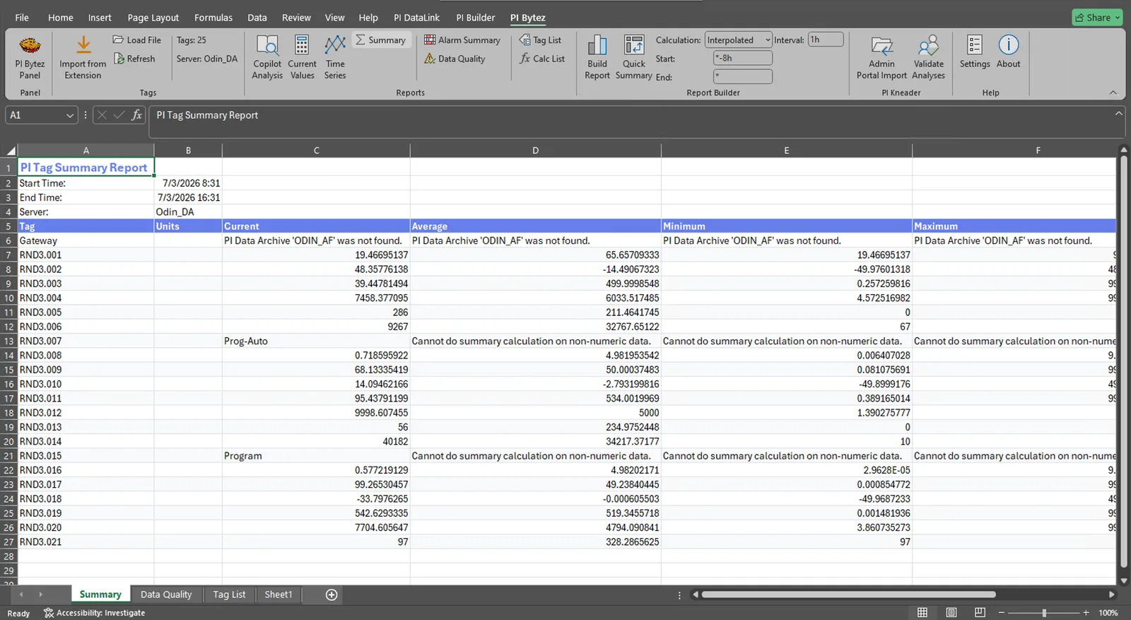 Origin Companion for Excel — generated PI Tag Summary Report